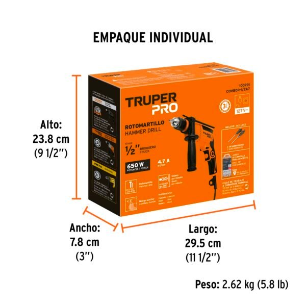 Combo taladro rotomartillo/destornillador 1/2" 650W, 8 acc, PRO