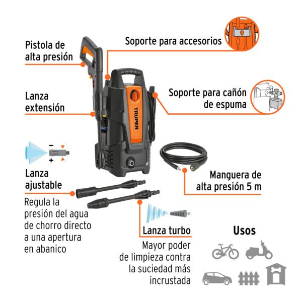 HILA-1500+BIZQ1 Hidrolavadora eléctrica 1500 PSI, TRUPER