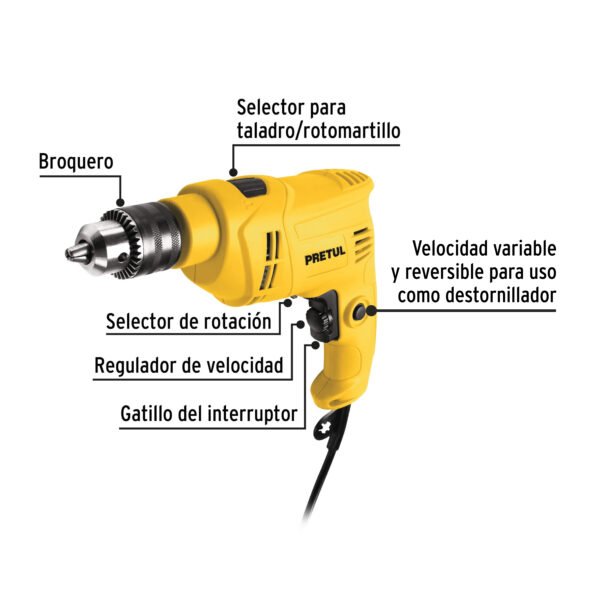ROTO-1-2P6+BIZQ1 Taladro- Rotomartillo/destornillador 1/2", 550W, PRETUL