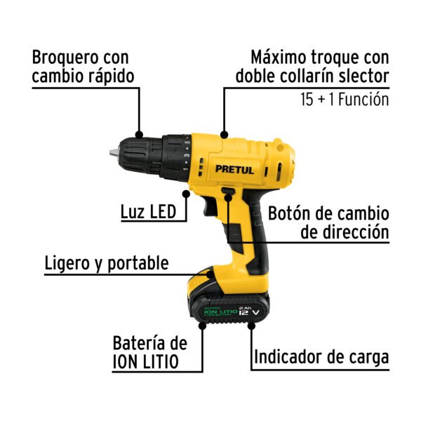 Taladro/destornillador 3/8", 12V, 1 batería 2Ah, PRETUL